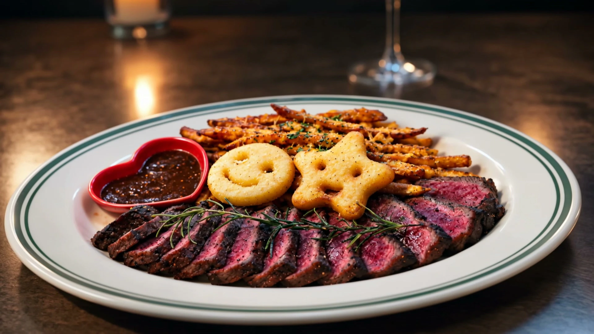 Hey George house steak with fries and a heart-shaped sauce dish