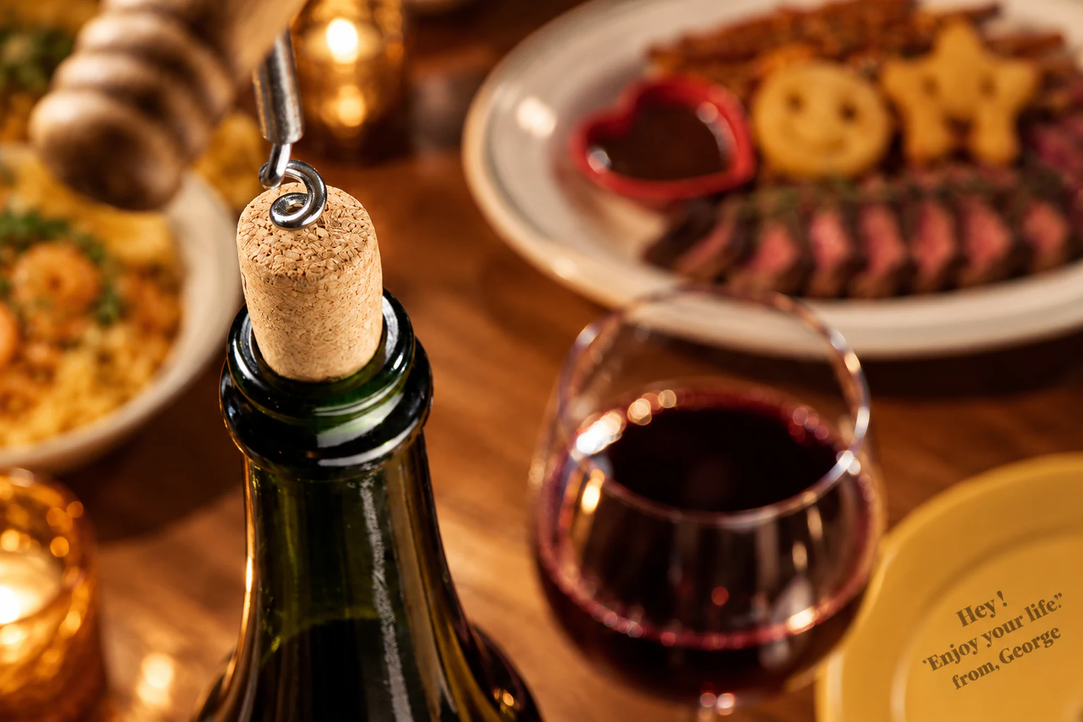 Hey George Corkage - corkscrew opening a brought wine bottle beside house steak and risotto