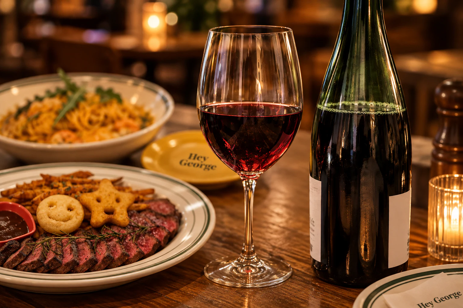 Hey George Wine Bottle - red wine bottle and glass served with house steak and rose pasta